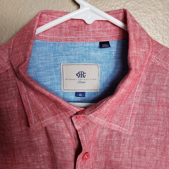 Report Collection Mens 100% Linen Cherry Red Long Sleeve Buttonfront Shirt |XL| - Picture 2 of 8